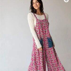 Dakota Cotton Tie Overall- Natural Life- Floral Pink Jumpsuit with Blue Pockets
